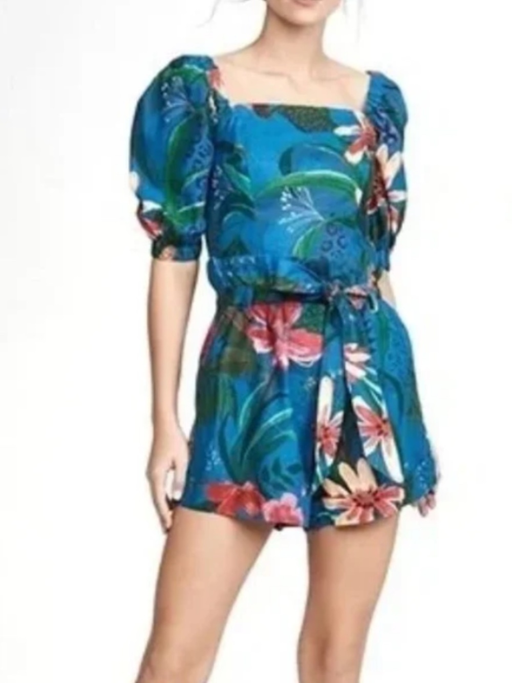 FARM Rio Blue Tropical Linen Blend Jungle Set Med Resortwear Vacation Festival